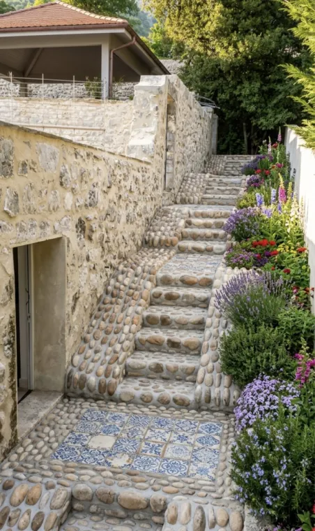 Résultat final de l'aménagement paysager : escalier et allée en calade traditionnelle de galets avec un tapis décoratif en faïence bleue.